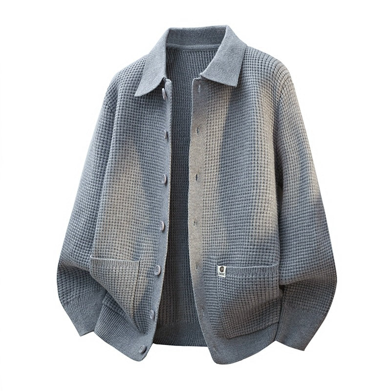 Herren Grobstrukturierte Hemdjacke-Strickcardigan mit Waffelstruktur, Hemdkragen & aufgesetzten Taschen Drune