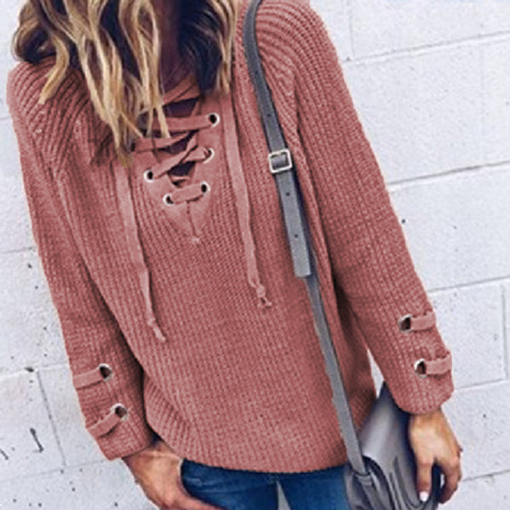 Damen Lässiger Strickpullover mit dekorativem Schnürdesign und weiten Ärmeln Drune
