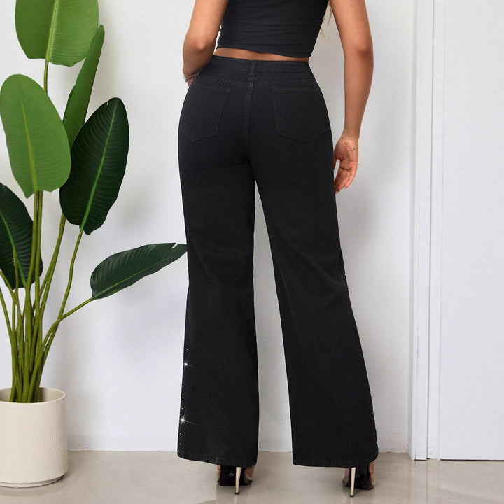 Damen High-Waist Jeans mit funkelndem Strassbesatz und weitem Schnitt Drune