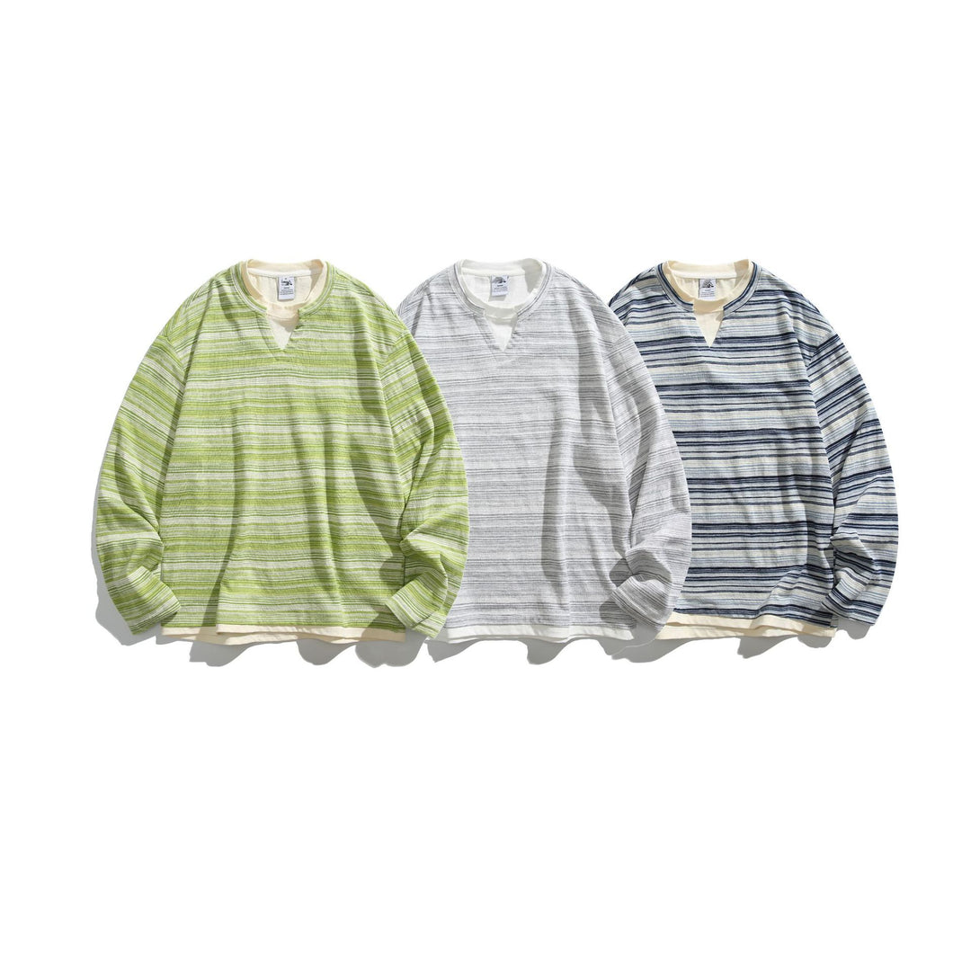 Unisex Gestreiftes Langarmshirt mit V-Notch und Lagen-Effekt Drune