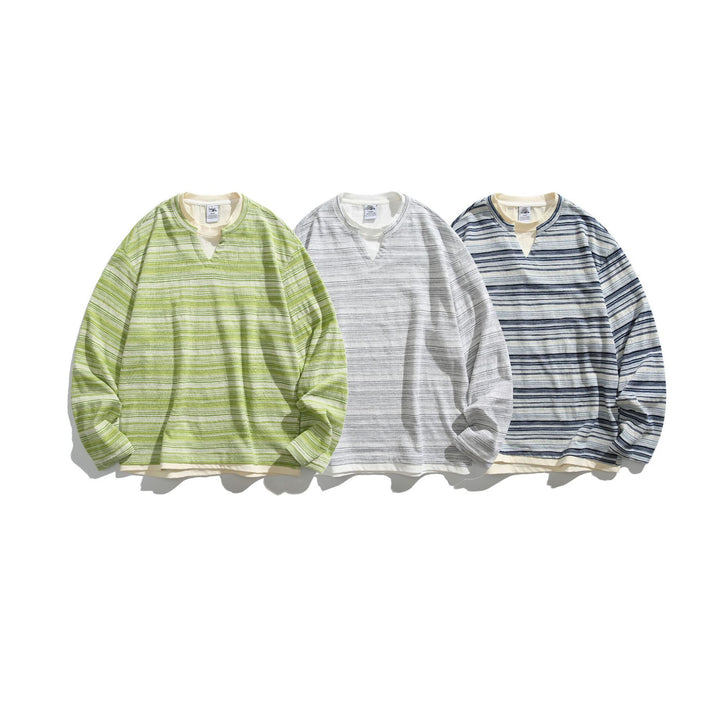 Unisex Gestreiftes Langarmshirt mit V-Notch und Lagen-Effekt Drune