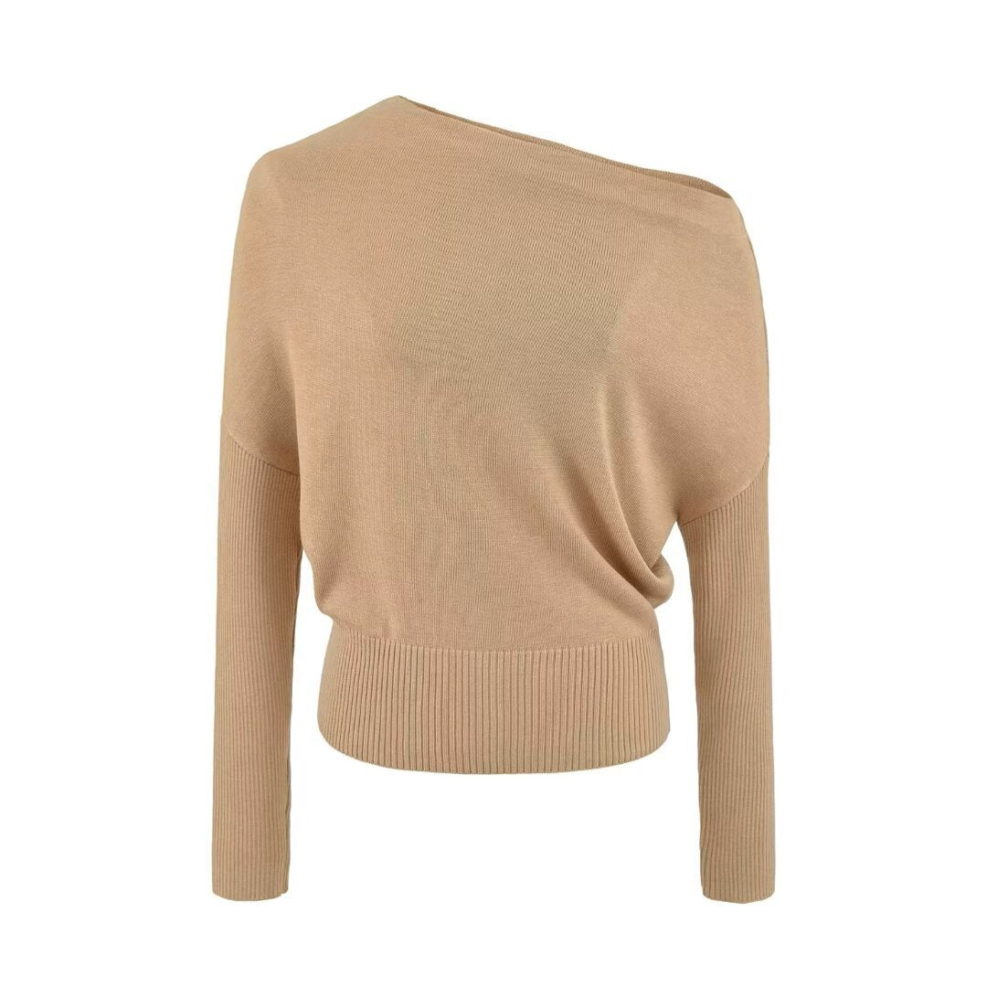 Damen Oversize One-Shoulder Pullover mit Fledermausärmeln und breitem Rippenbund Drune