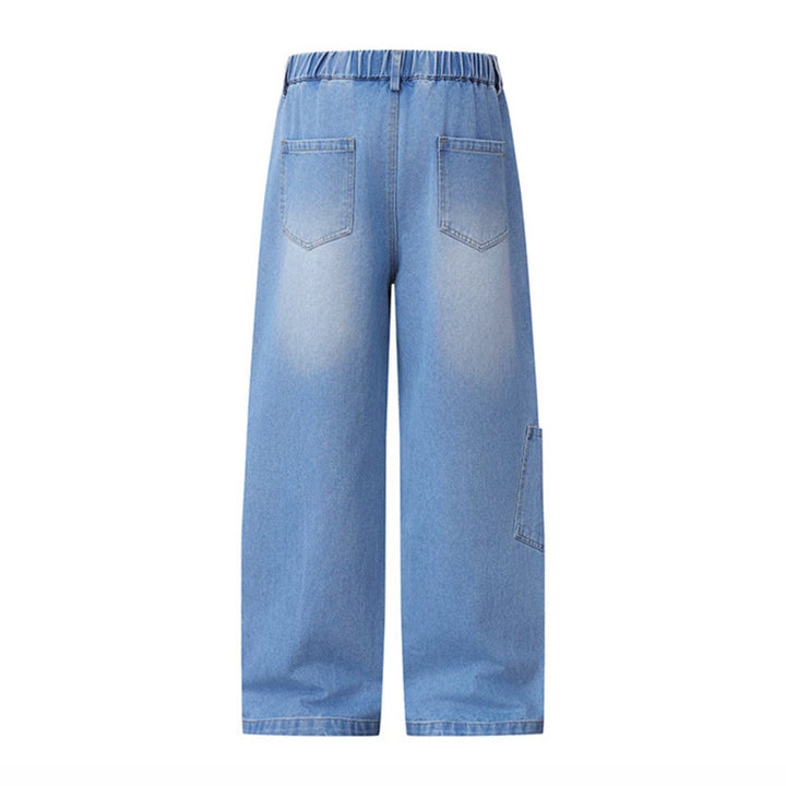 Damen Weite High‑Waist Denim‑Palazzo‑Jeans mit Blumenstickerei, Cargo‑Tasche und Tuchdetail Drune
