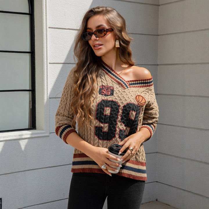 Damen Schräg ausgeschnittener Zopfstrick-Pullover im College‑Look Drune