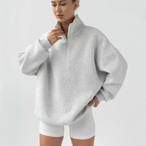 Damen Oversized Halbzip Sweater mit hohem Stehkragen und Rippbündchen Drune