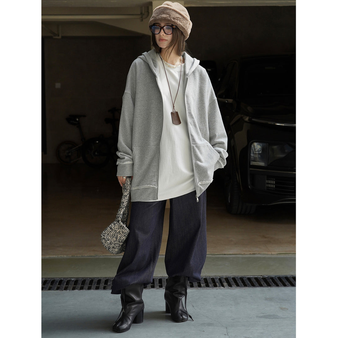 Damen Relaxed-Zip‑Hoodie im Used‑Look mit ausgefransten Kanten Drune