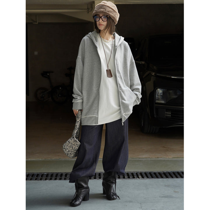 Damen Relaxed-Zip‑Hoodie im Used‑Look mit ausgefransten Kanten Drune