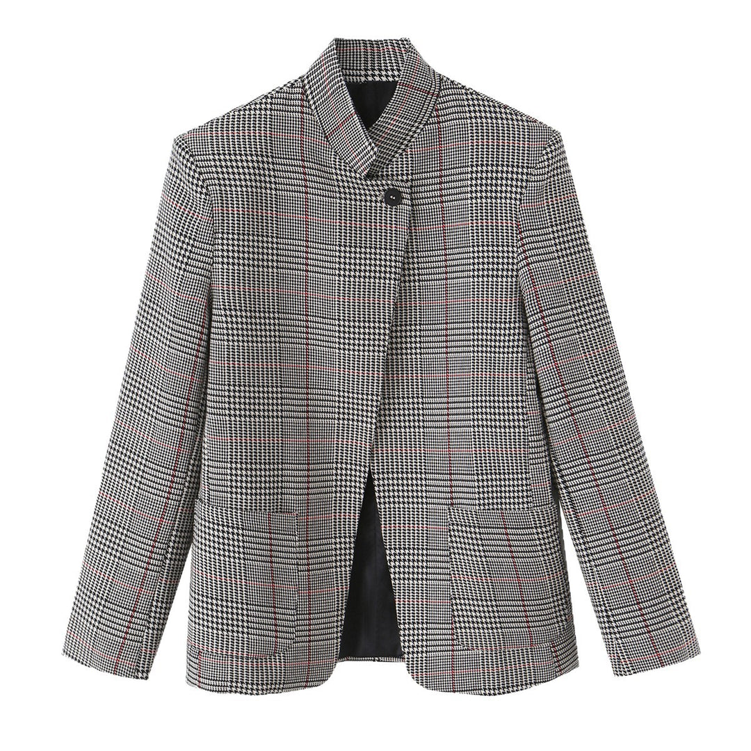 Damen Glencheck-Kurzblazer im Boxy-Schnitt mit Stehkragen und verdeckter Knopfleiste Drune