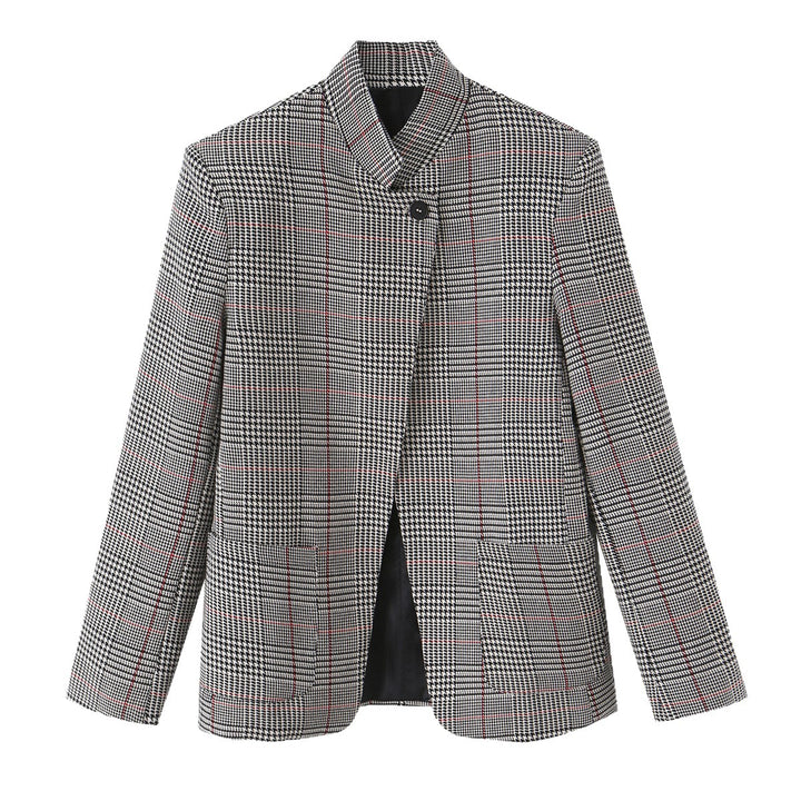 Damen Glencheck-Kurzblazer im Boxy-Schnitt mit Stehkragen und verdeckter Knopfleiste Drune
