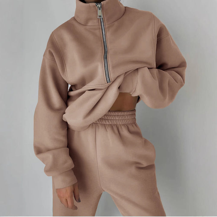 Damen Oversized Halbzip-Sweatshirt mit Stehkragen und passender High-Waist-Jogginghose Drune