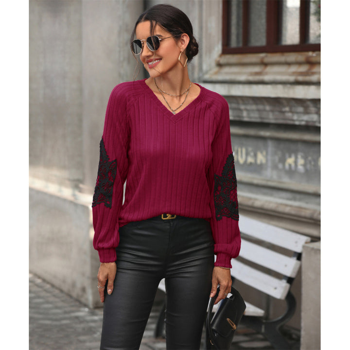 Damen V-Ausschnitt Pullover mit eleganten Spitzenärmeln und Rippstruktur Drune
