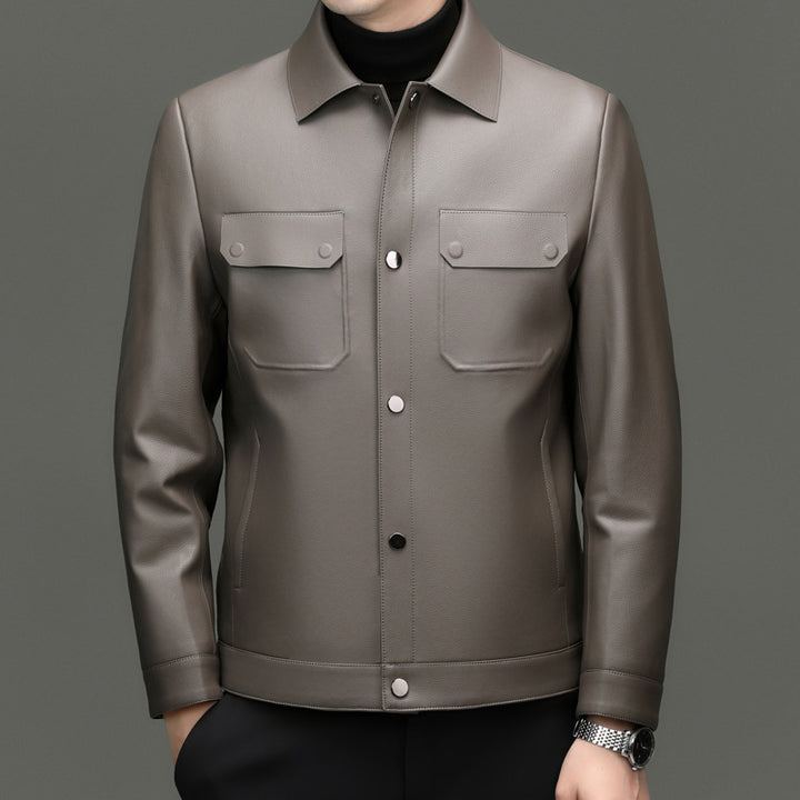 Herren Lederjacke im Shirtstil mit Druckknopfverschluss und aufgesetzten Brusttaschen Drune