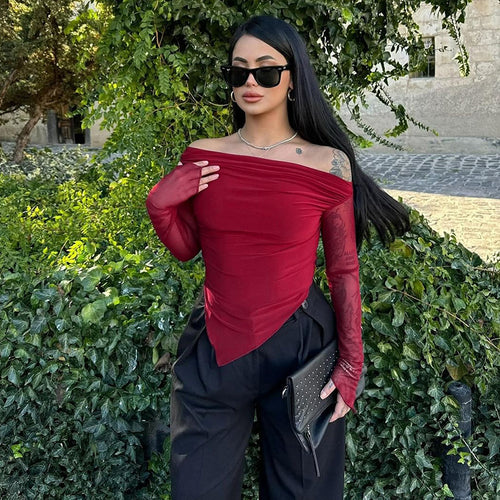 Damen elegantes Wickelshirt mit schulterfreiem Design und transparenten Ärmeln Drune