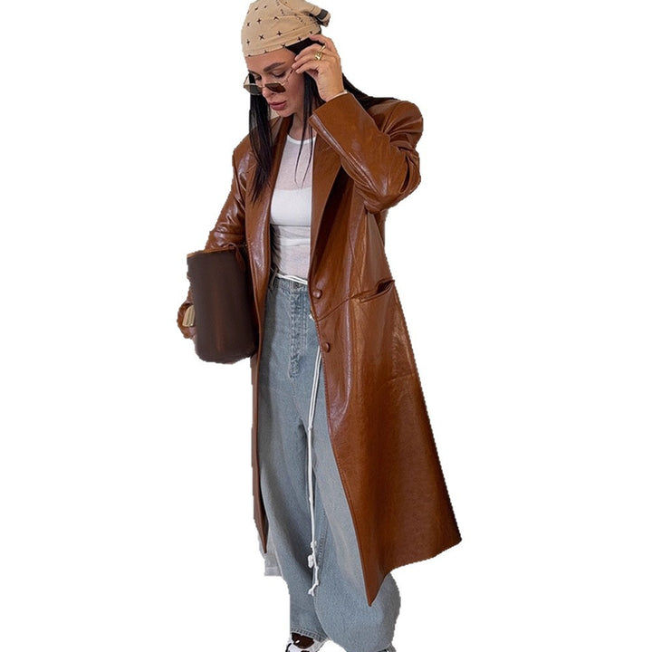 Damen Lang geschnittener Lackleder-Trenchcoat mit Reverskragen und kastiger Oversize-Passform Drune