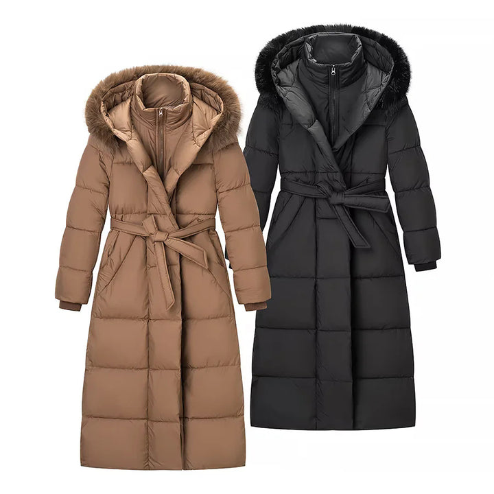 Damen nan lang geschnittener Thermosteppmantel mit separater Innenjacke, Kapuze und Bindegürtel Drune