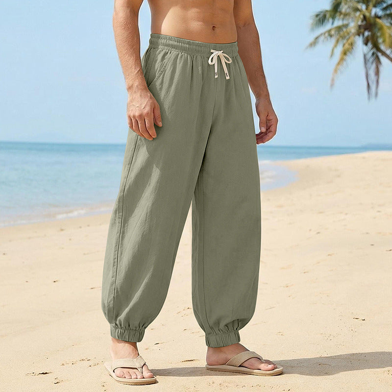 Herren Weite Leinenoptik-Strandhose mit Kordelzug, elastischem Bund und gerafften Beinabschlüssen Drune