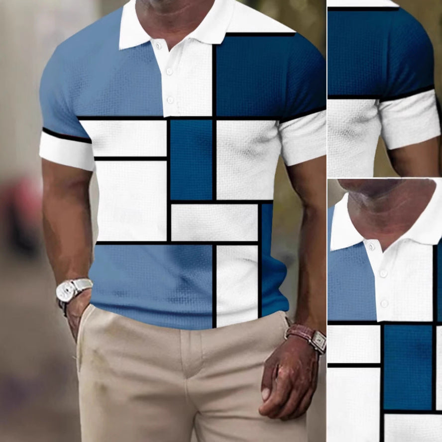 Herren nan kurzärmeliges Poloshirt mit geometrischem Blockmuster und feinem Strukturpiqué Drune