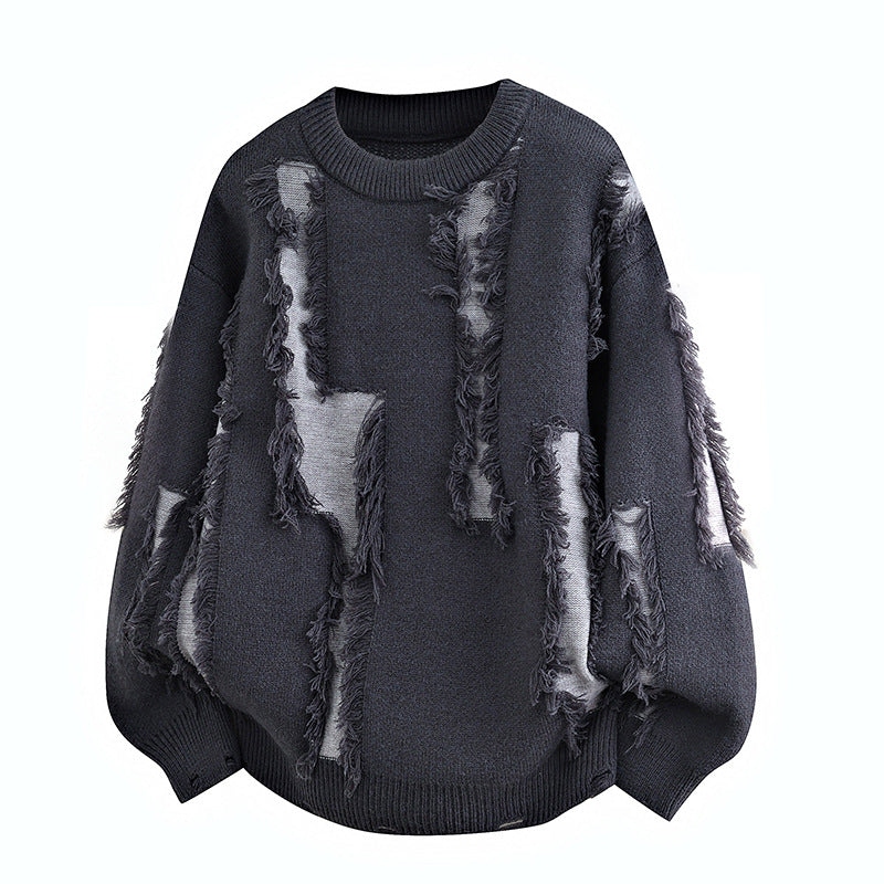 Herren Oversize Strickpullover mit Fransenapplikationen und Balloonärmeln Drune