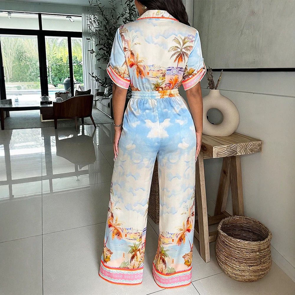 Damen Satin-Jumpsuit mit Hemdkragen, tiefem V-Ausschnitt und weitem Palazzobein Drune