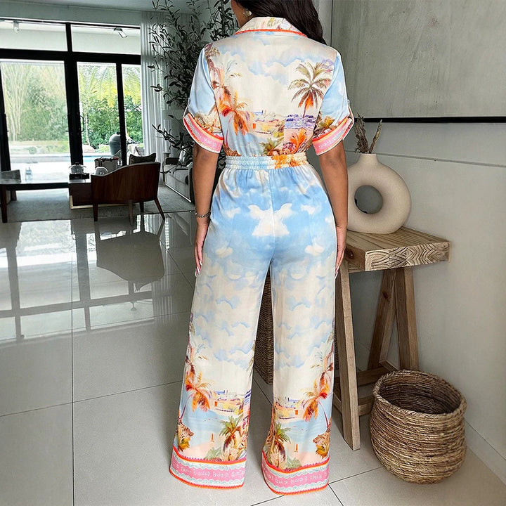 Damen Satin-Jumpsuit mit Hemdkragen, tiefem V-Ausschnitt und weitem Palazzobein Drune