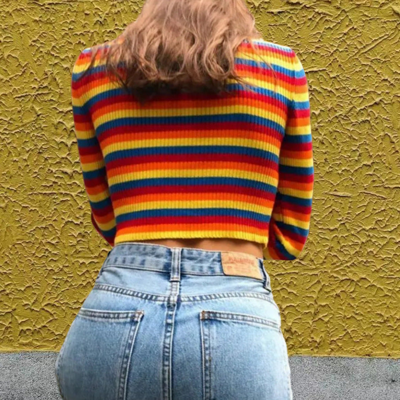 Damen Stylishes Crop-Top mit Rollkragen und buntem Streifenmuster Drune