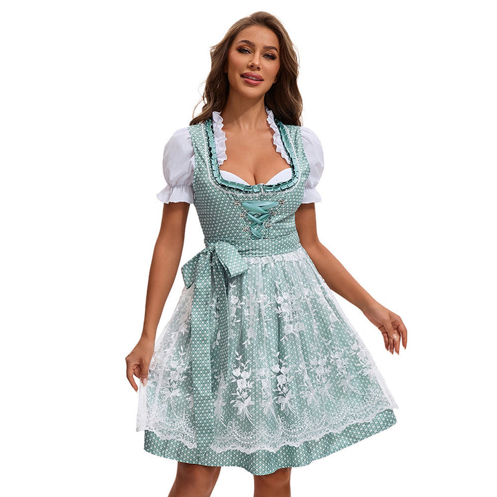 Damen nan traditionelles Dirndlkleid mit Herzausschnitt geschnürter Taille und Spitzen-Schürze Drune