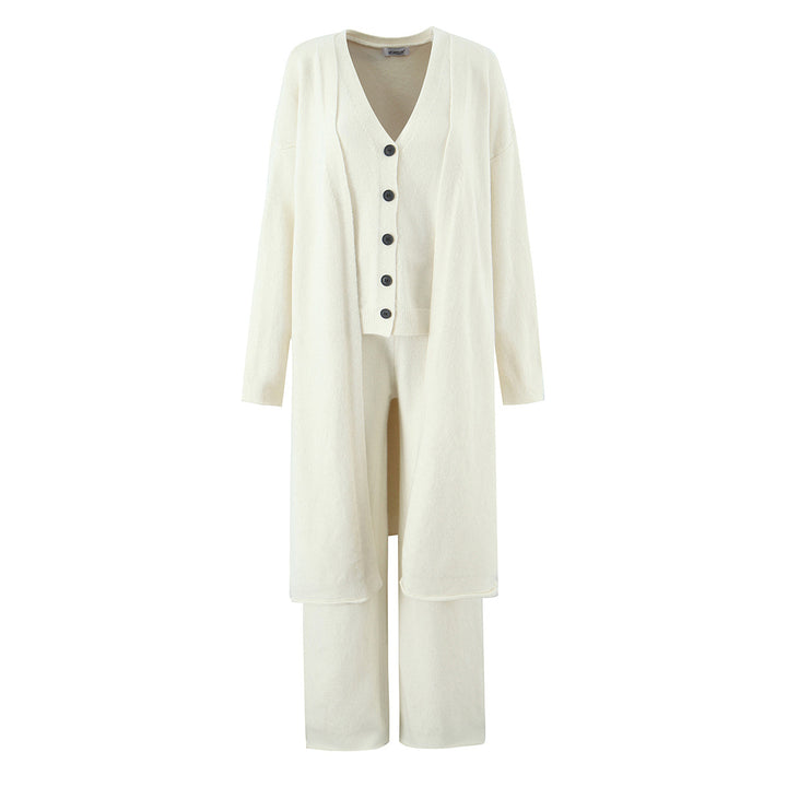 Damen elegantes Strickset mit langem Cardigan, Knopfleiste und weit geschnittenen Hosen Drune