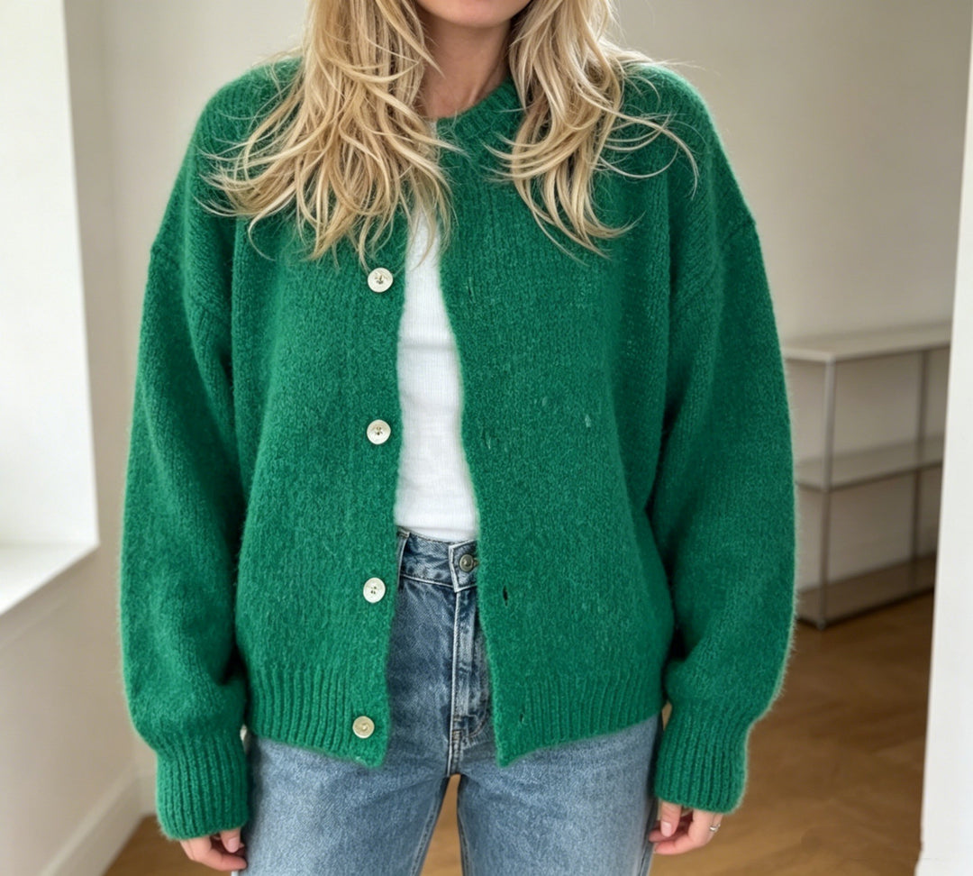 Damen Kuschelige Mohair-Optik Strickjacke mit Rundhals und Ballonärmeln Drune