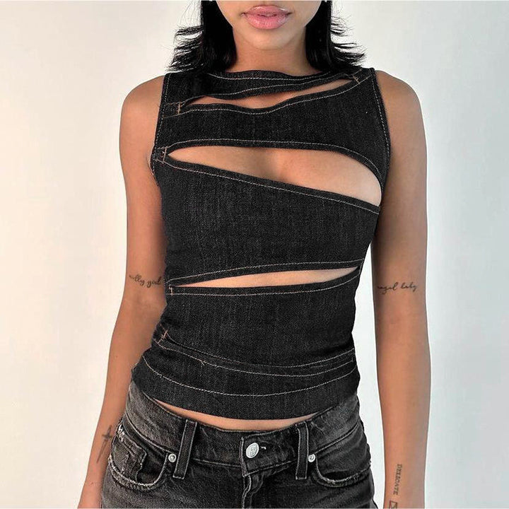 Damen figurbetontes Denim-Top mit asymmetrischen Cut-Outs und stylischem Design Drune