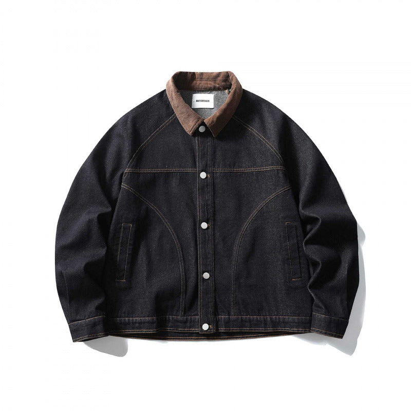 Unisex Boxy-Jeansjacke mit Cordkragen, kontrastierenden Ziernähten und Druckknopfleiste Drune