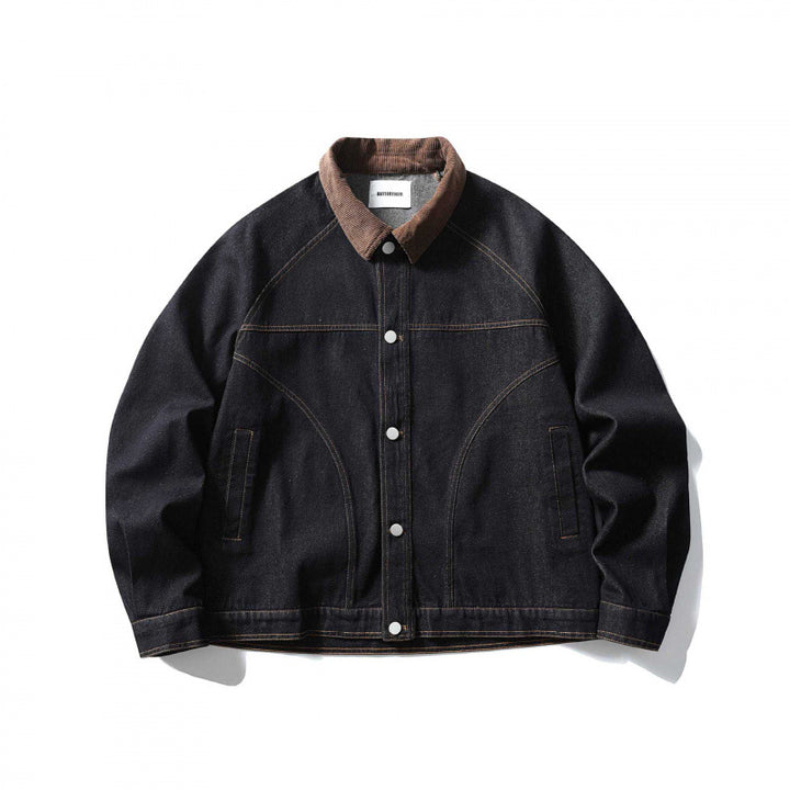 Unisex Boxy-Jeansjacke mit Cordkragen, kontrastierenden Ziernähten und Druckknopfleiste Drune