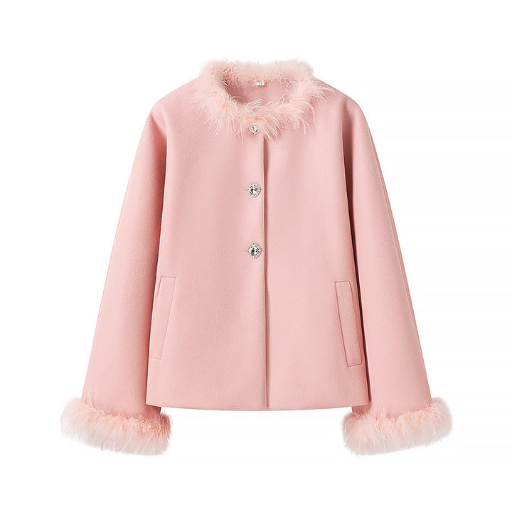 Damen Kurzjacke mit dekorativem Kunstfellkragen und Knopfdetails Drune