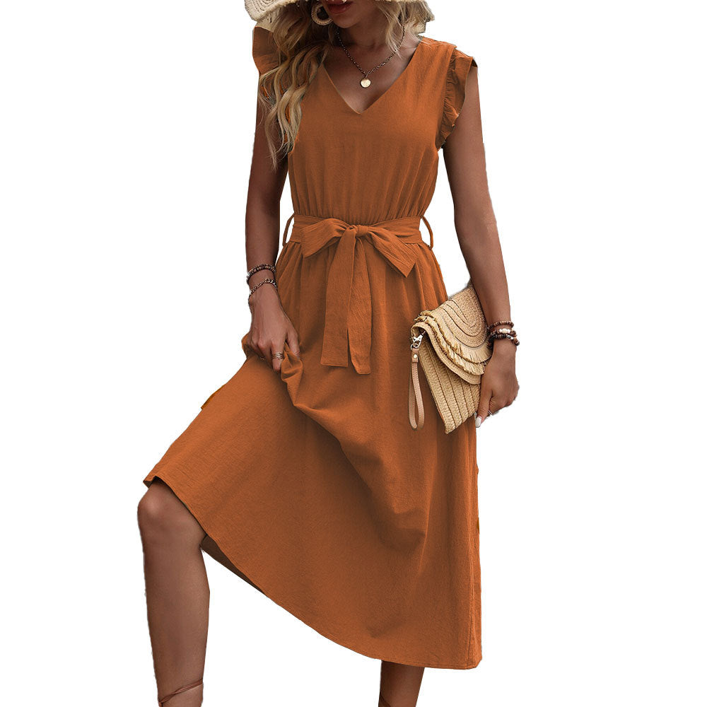 Damen Midi-Kleid mit Rüschendetails und tailliertem Bindegürtel Drune