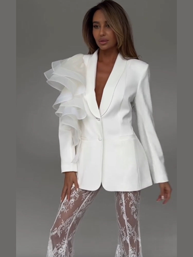 Damen taillierter Blazer mit asymmetrischer Organza-Rüsche Drune