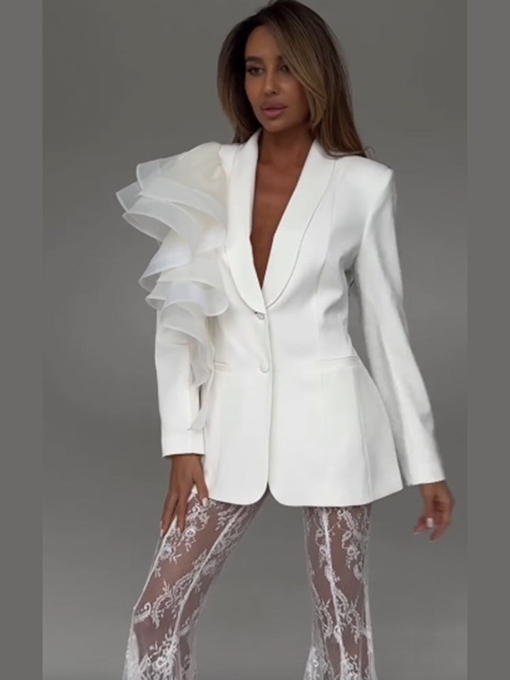 Damen taillierter Blazer mit asymmetrischer Organza-Rüsche Drune