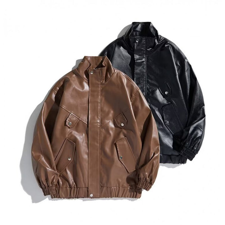 Herren Oversize Kunstleder-Bomberjacke mit Stehkragen, Pattentaschen und elastischem Saum Drune