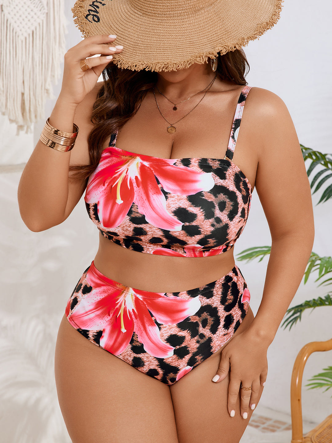 Damen Hochgeschnittenes Bikini-Set mit farbenfrohem Blumendesign Drune