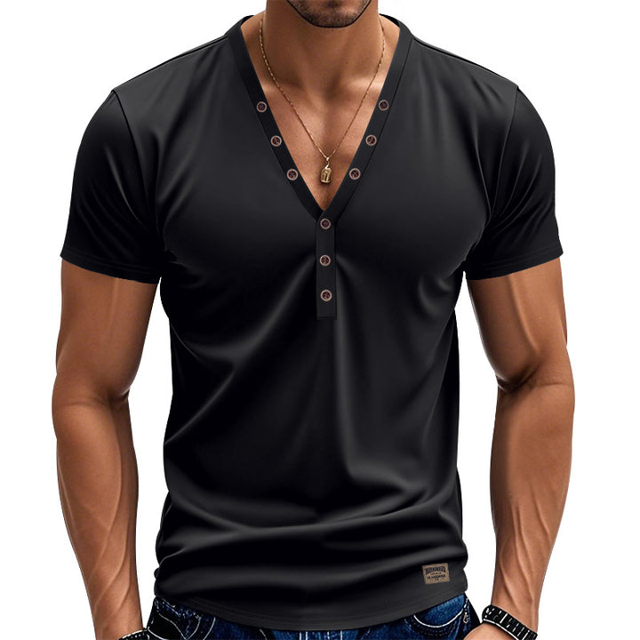Herren nan tailliertes Kurzarm-Henleyshirt aus Baumwoll-Elasthan mit tiefem V-Ausschnitt und dekorativer Knopfleiste Drune