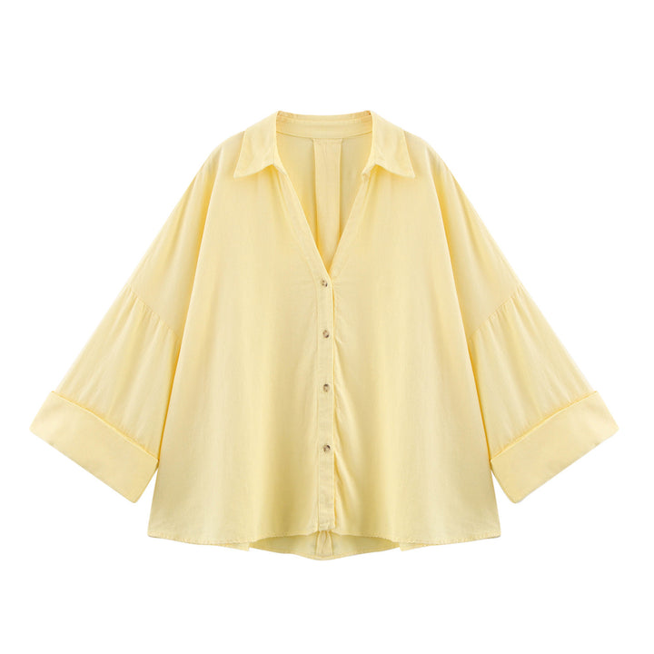 Damen lässige Bluse mit voluminösen Ärmeln und durchgehender Knopfleiste Drune