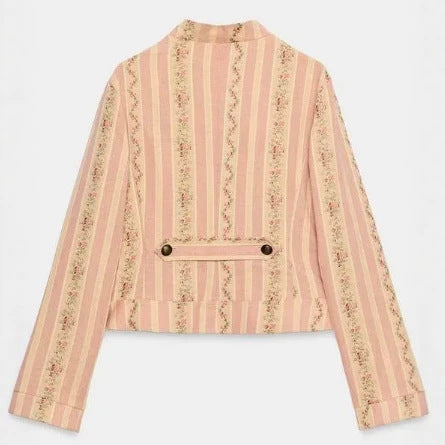 Damen Cropped Blazerjacke im Vintage‑Streifen‑Look mit Stehkragen und asymmetrischer Knopfleiste Drune