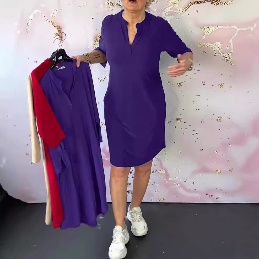 Damen nan legeres knielanges Shiftkleid aus elastischem Jersey mit Stehkragen und V-Ausschnitt Drune