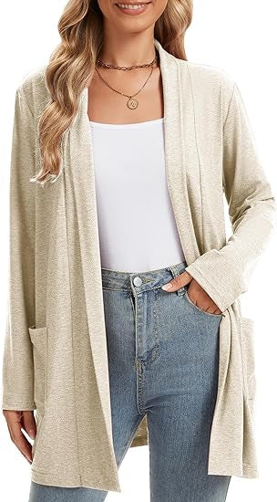 Damen lässiger Langarm-Cardigan mit offenen Front und Taschen Drune