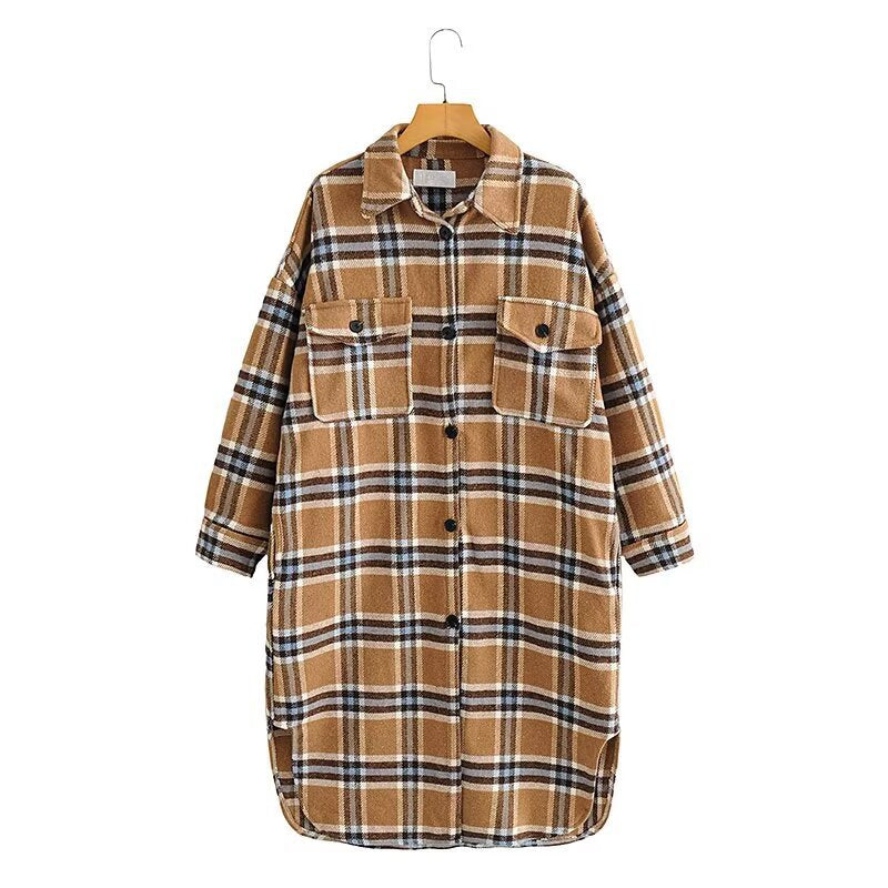 Damen Oversize Karo-Hemdjacke im Longline-Cut mit aufgesetzten Brusttaschen Drune