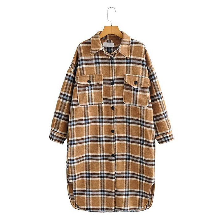 Damen Oversize Karo-Hemdjacke im Longline-Cut mit aufgesetzten Brusttaschen Drune