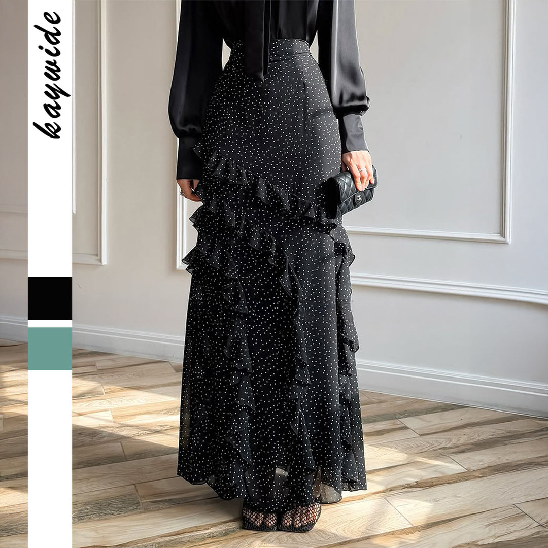Damen nan Maxirock mit hohem Taillenbund, asymmetrischen Volants und fließender Chiffon‑Optik Drune