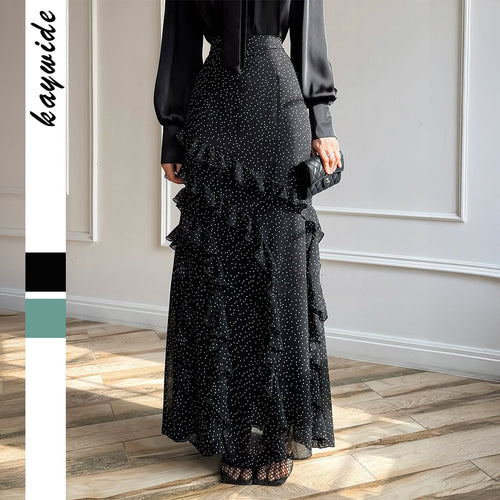 Damen nan Maxirock mit hohem Taillenbund, asymmetrischen Volants und fließender Chiffon‑Optik Drune