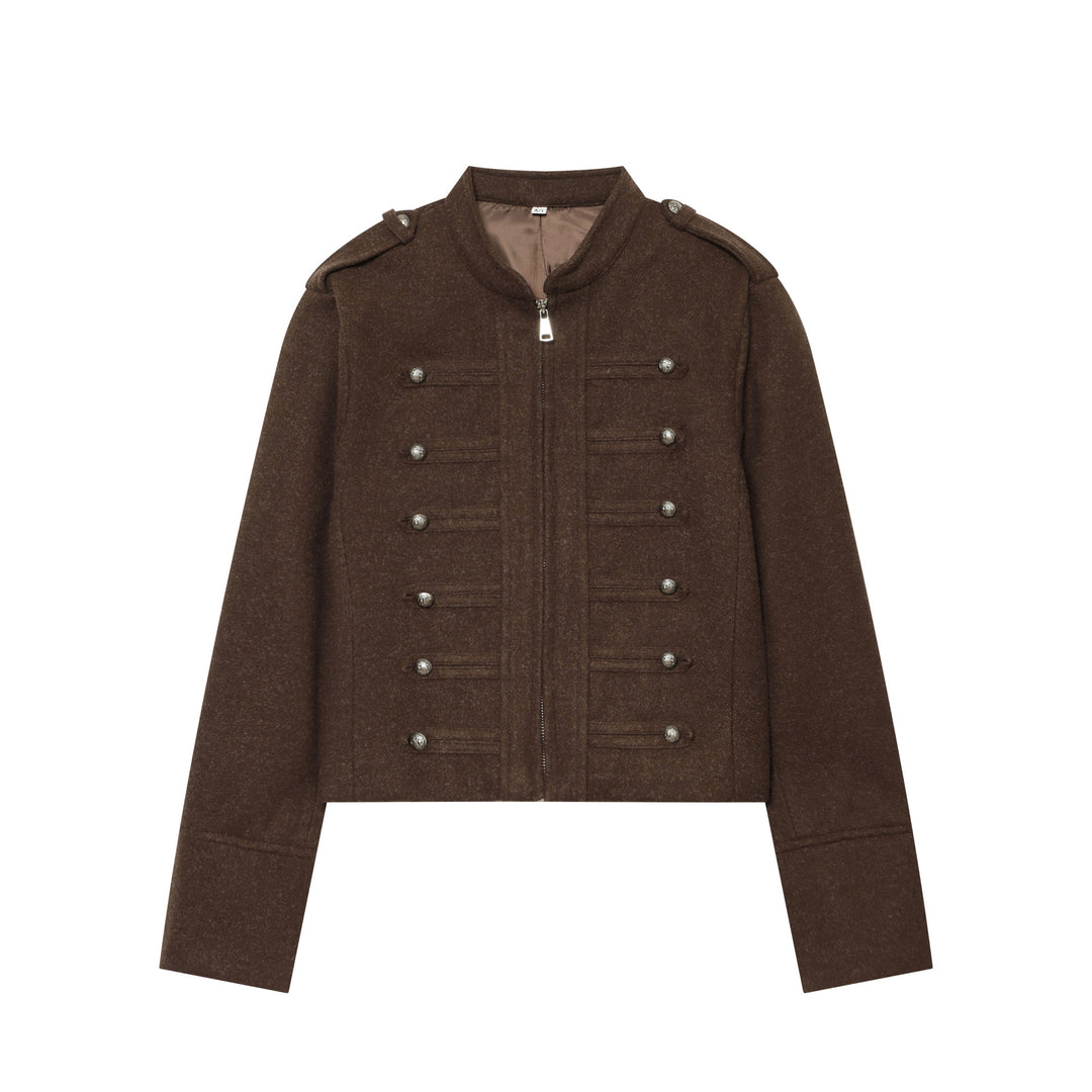 Damen nan militärisch inspirierte Wolljacke mit Stehkragen Zipper und dekorativen Knopfleisten Drune