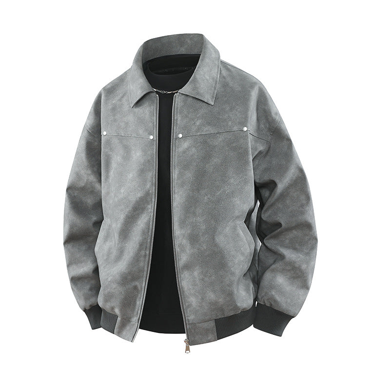 Herren Vintage-inspirierte Veloursleder-Optik Bomberjacke mit Hemdkragen & Rippbund Drune