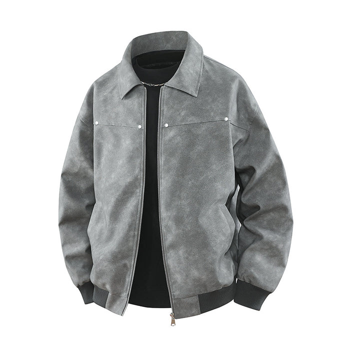 Herren Vintage-inspirierte Veloursleder-Optik Bomberjacke mit Hemdkragen & Rippbund Drune