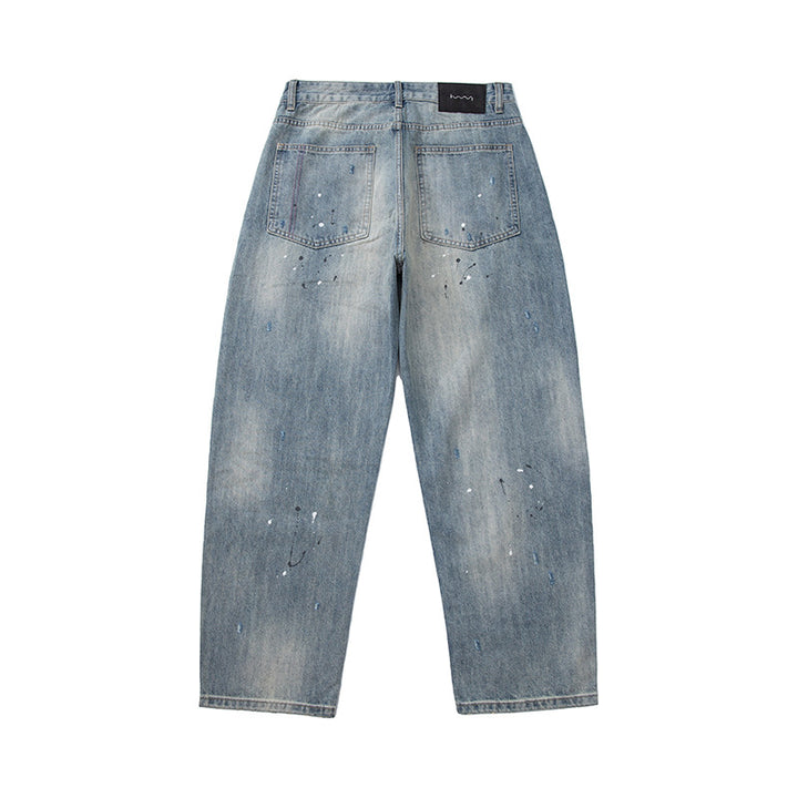 Damen Baggy-Jeans mit hoher Taille, verkürztem Bein und Lackspritzern Drune